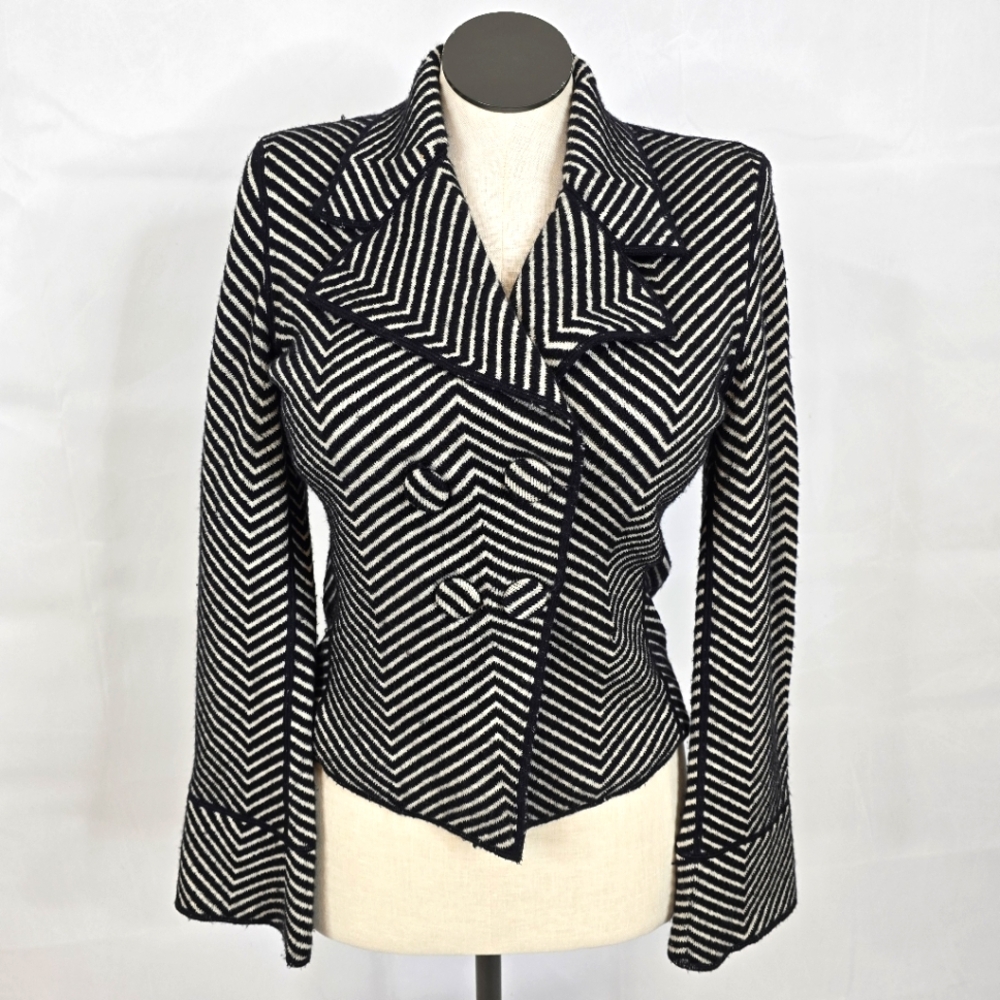 VTG Carlisle Cashmere Silk Wool Chevron Double Breasted Black White Jacket Sz S
